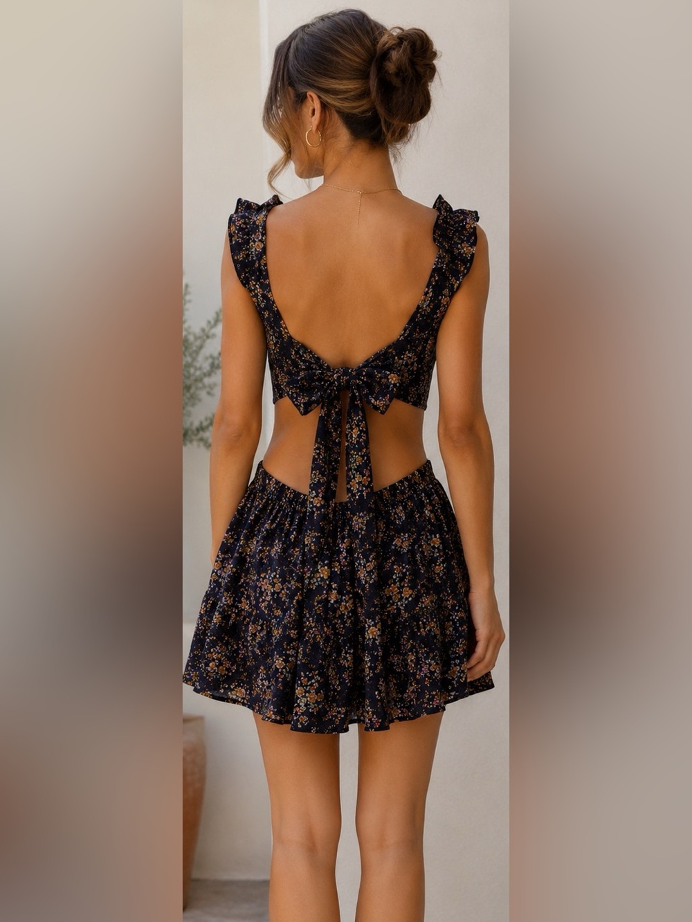 Cupshe Navy Blue Floral Deep V Ruffle Mini Dress Resort